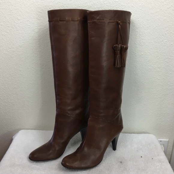 Saks Fifth Avenue Womens Brown Smooth Leather Knee High Tassel Heel Boot Size 9 - Picture 1 of 16